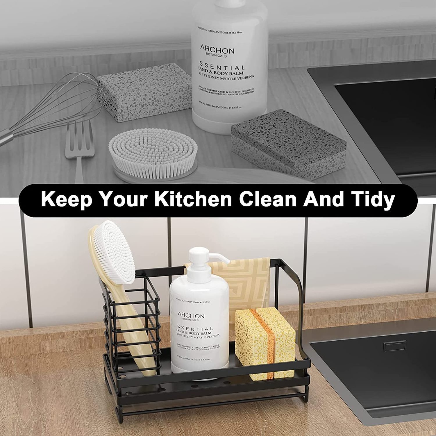 Kitchen Stainless Steel Rustproof Sink Organizer Caddy with Drain Pan Try Sponge Scrubber Brush