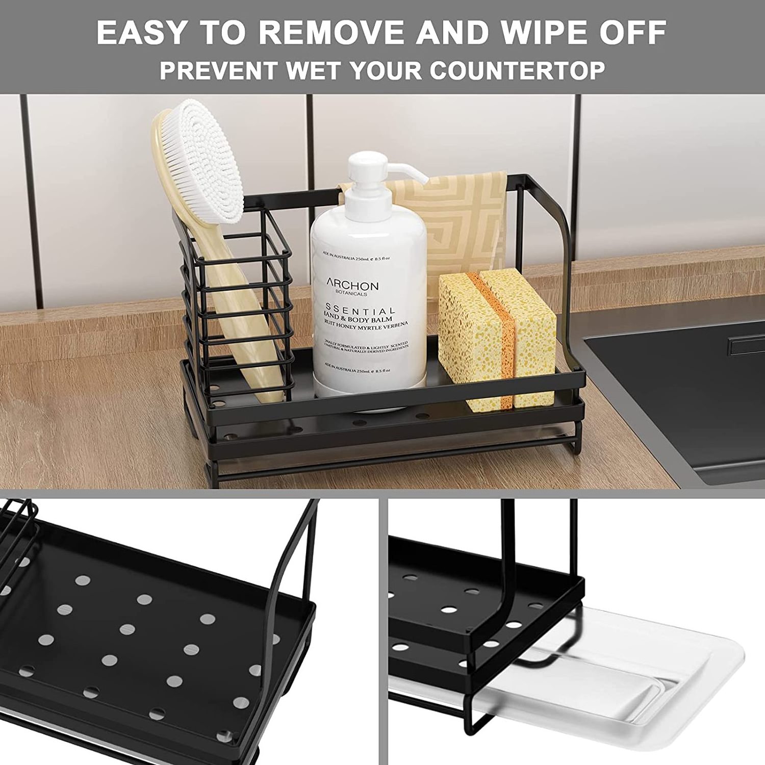 Kitchen Stainless Steel Rustproof Sink Organizer Caddy with Drain Pan Try Sponge Scrubber Brush