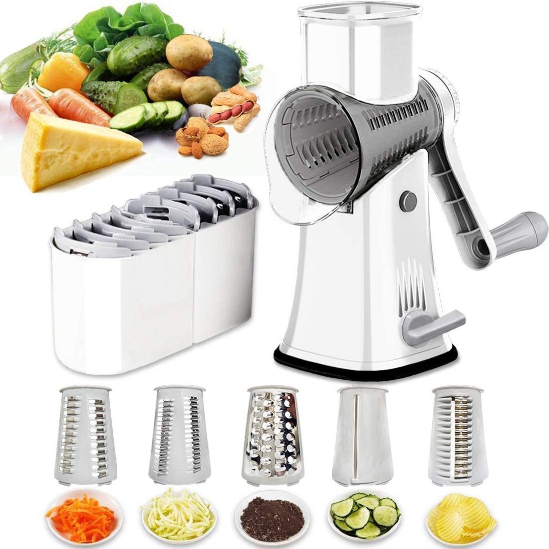 Cheese Grater Shredder 5-in-1 Tumbling Box Mandoline Vegetable Julienne Slicer Waffle Cutter Nut Chopper with Handle and Strong