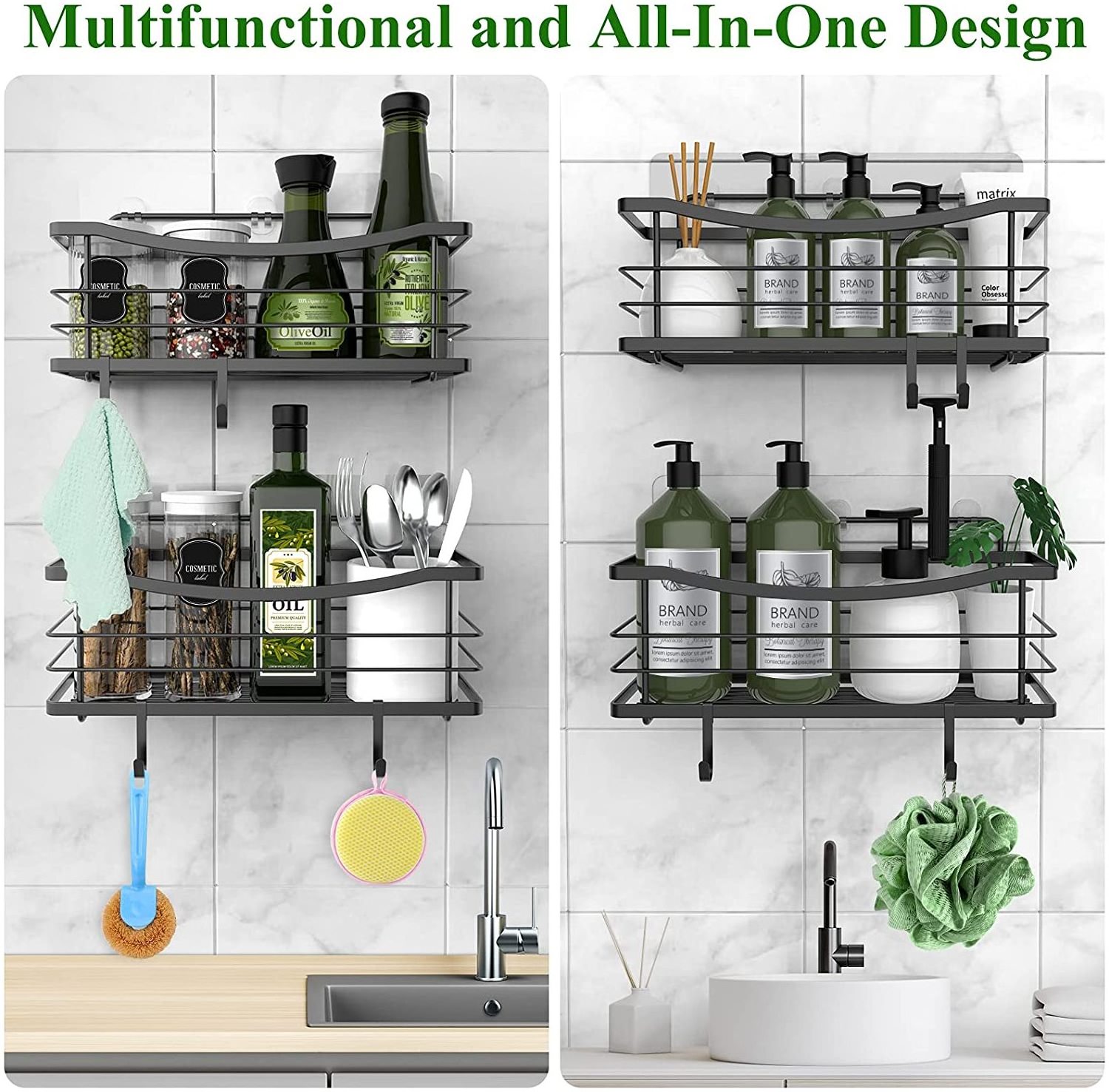 SUS304 Kitchen Spice Racks Bathroom Storage Organizer Large Shower Caddy with Removable 4 Hooks