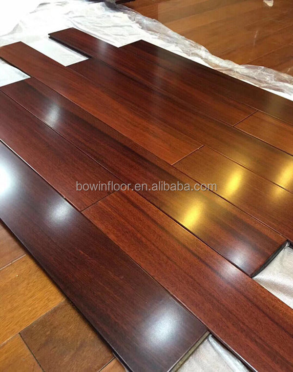 Glossy dark red chocolate hardwood plank iroko solid wood floor