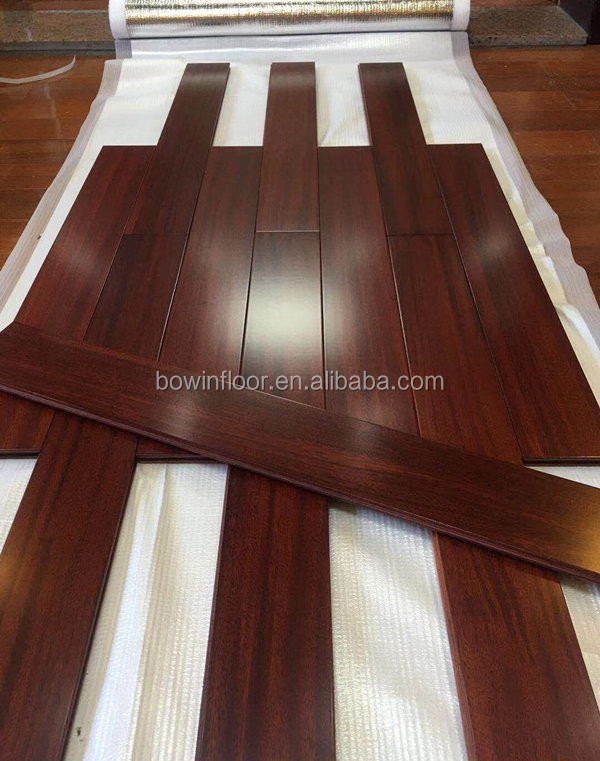 Glossy dark red chocolate hardwood plank iroko solid wood floor