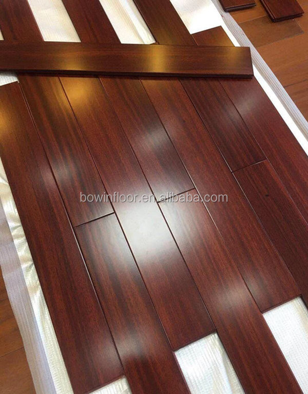 Glossy dark red chocolate hardwood plank iroko solid wood floor