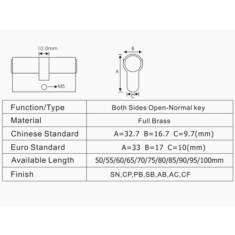 High quality Euro Profile Brass lock cylinder for interior door lock with normal key