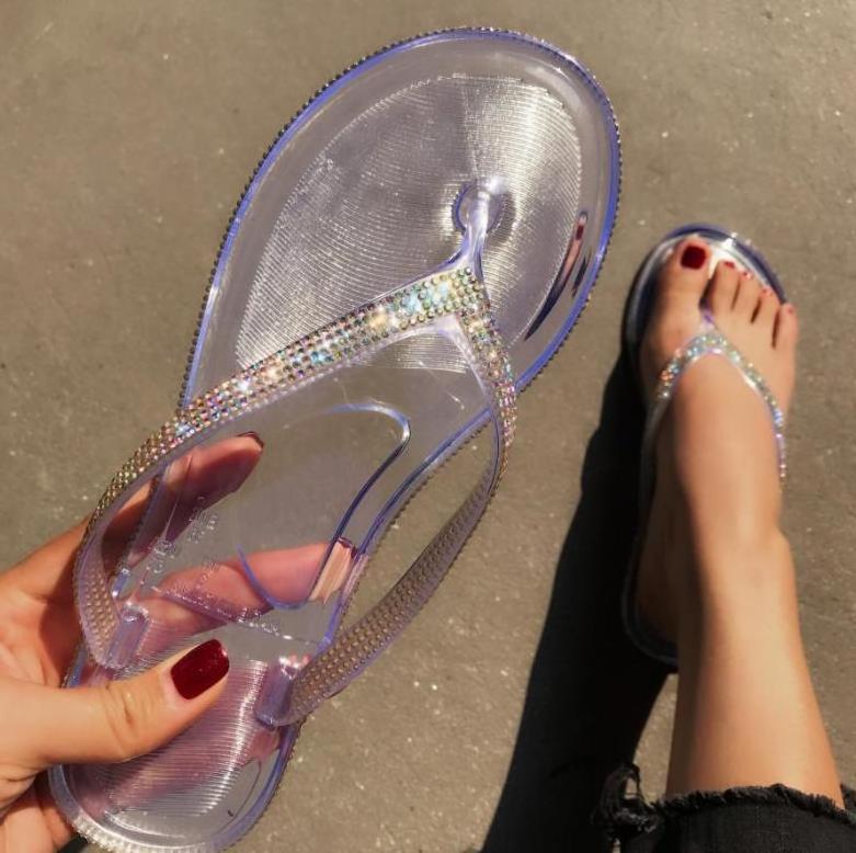 2023 Cheap Summer ladies flat sandals slippers girls luxury jelly slides shoes women clear color rhinestone flip flops