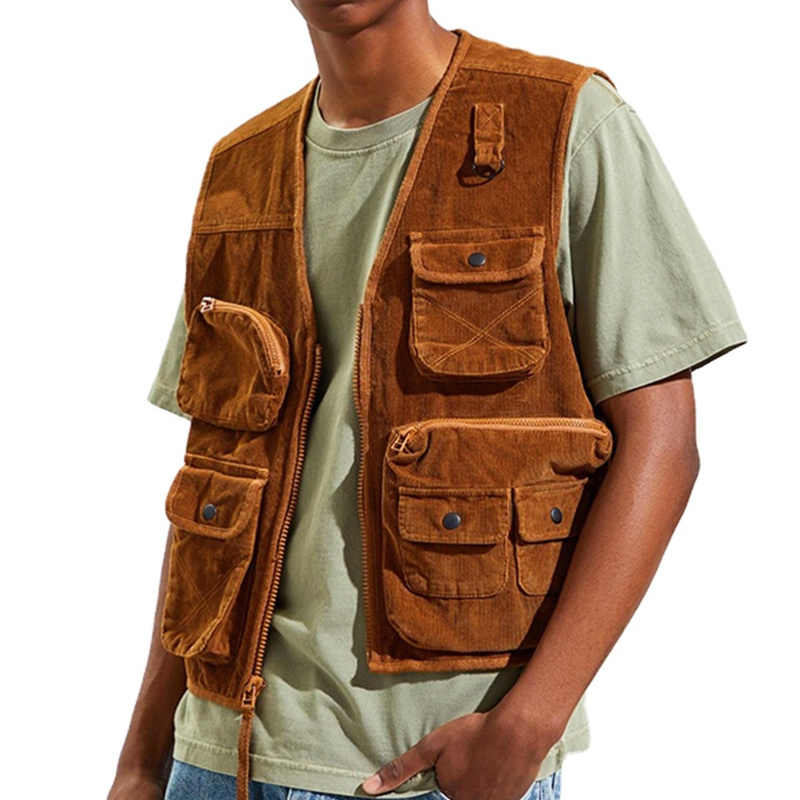 New Stylish Custom Work Cargo Utility Vest Jacket Multiple Pockets 100% Cotton Corduroy Mens Cargo Vest