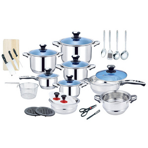 Popularity 30pcs Cookware Set 50pcs Stainless Steel Kitchenware Utensil Luxury Cooking Pot Set With Blue Glass Lid