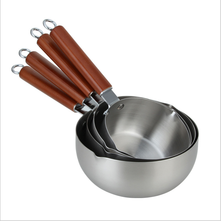 Stainless steel Japanese style cooking pot milk and sauce pot frying pan with steel/wood handle