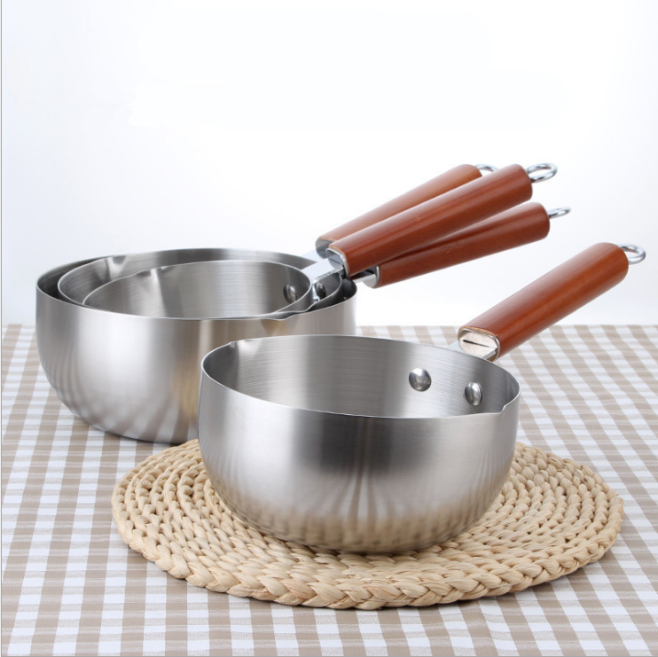 Stainless steel Japanese style cooking pot milk and sauce pot frying pan with steel/wood handle