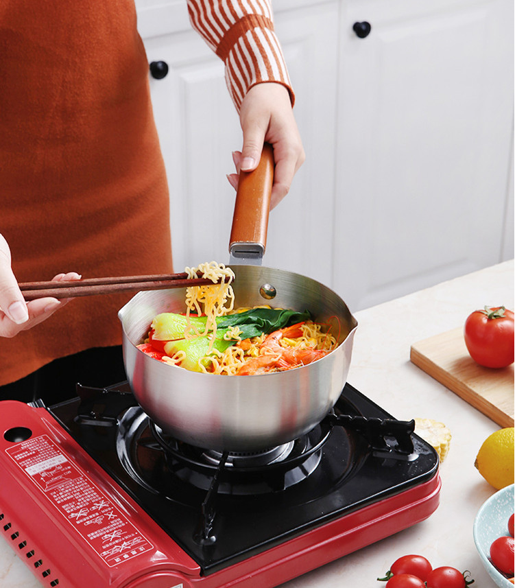 Stainless steel Japanese style cooking pot milk and sauce pot frying pan with steel/wood handle