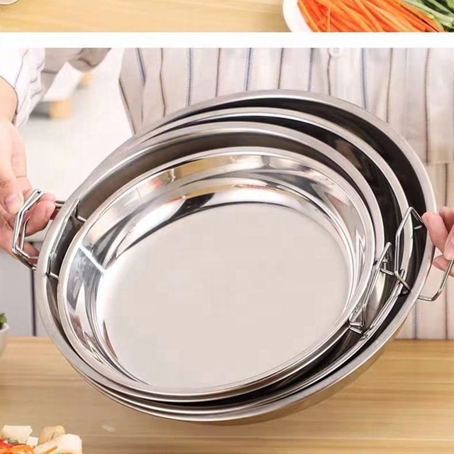 High Quality Non-magnetic Stainless Steel Round Tray Cake Pizza Baking Tray with handles