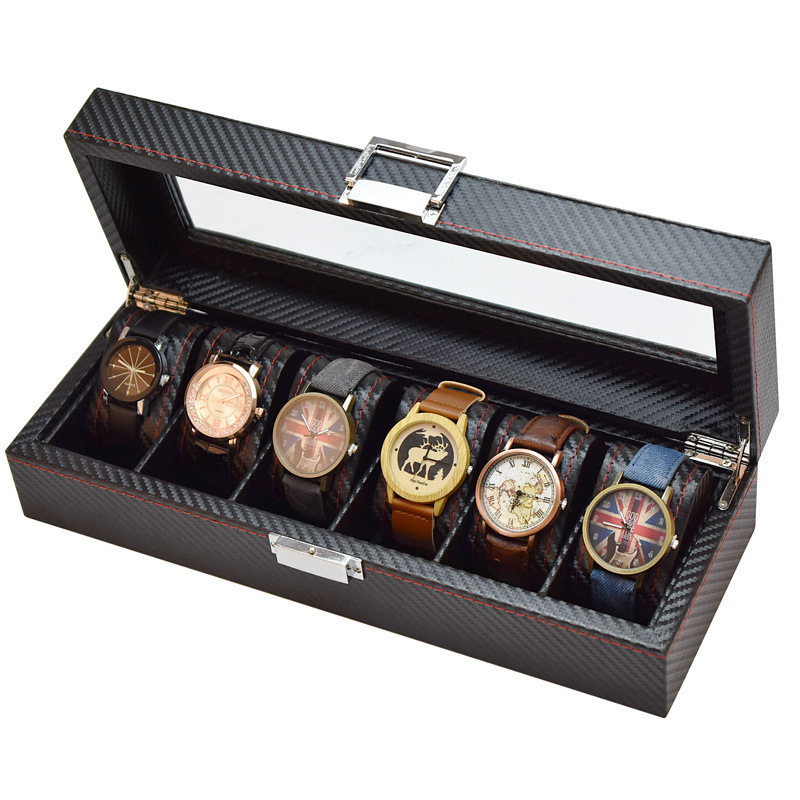 Hot spot full carbon fiber PU leather watch box 6 slots watch storage box display watch organizer box