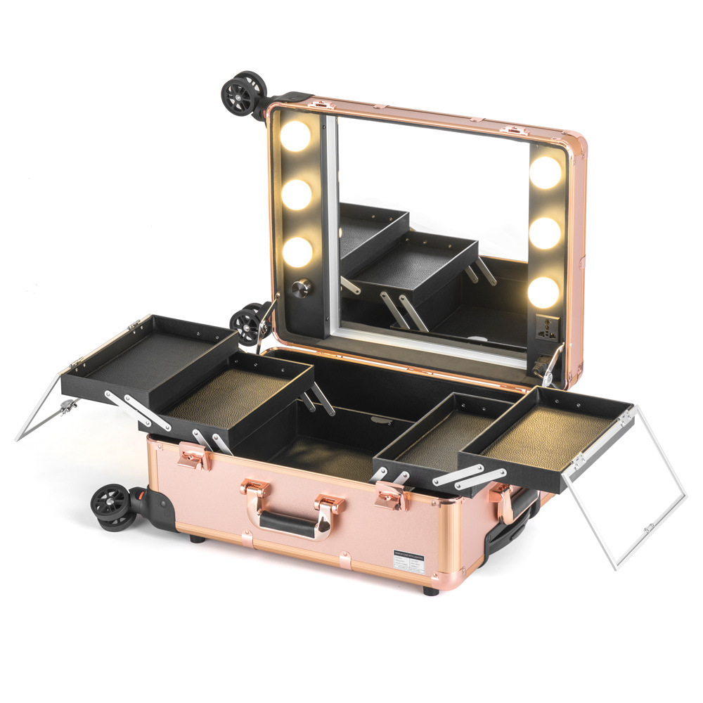 China factory Professional trolley rolling lighted cosmetics display makeup artist vanity train case with led