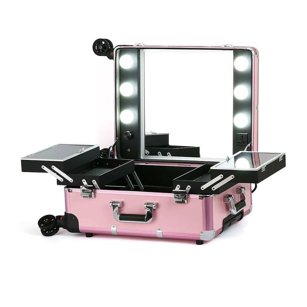 Large professional sunrise salon lighted trolley aluminum cosmetic makeup mobile station case with bulbs light 4 legs stand