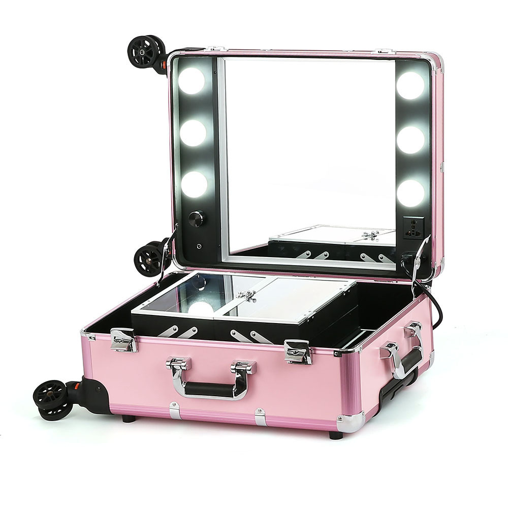 Large professional sunrise salon lighted trolley aluminum cosmetic makeup mobile station case with bulbs light 4 legs stand