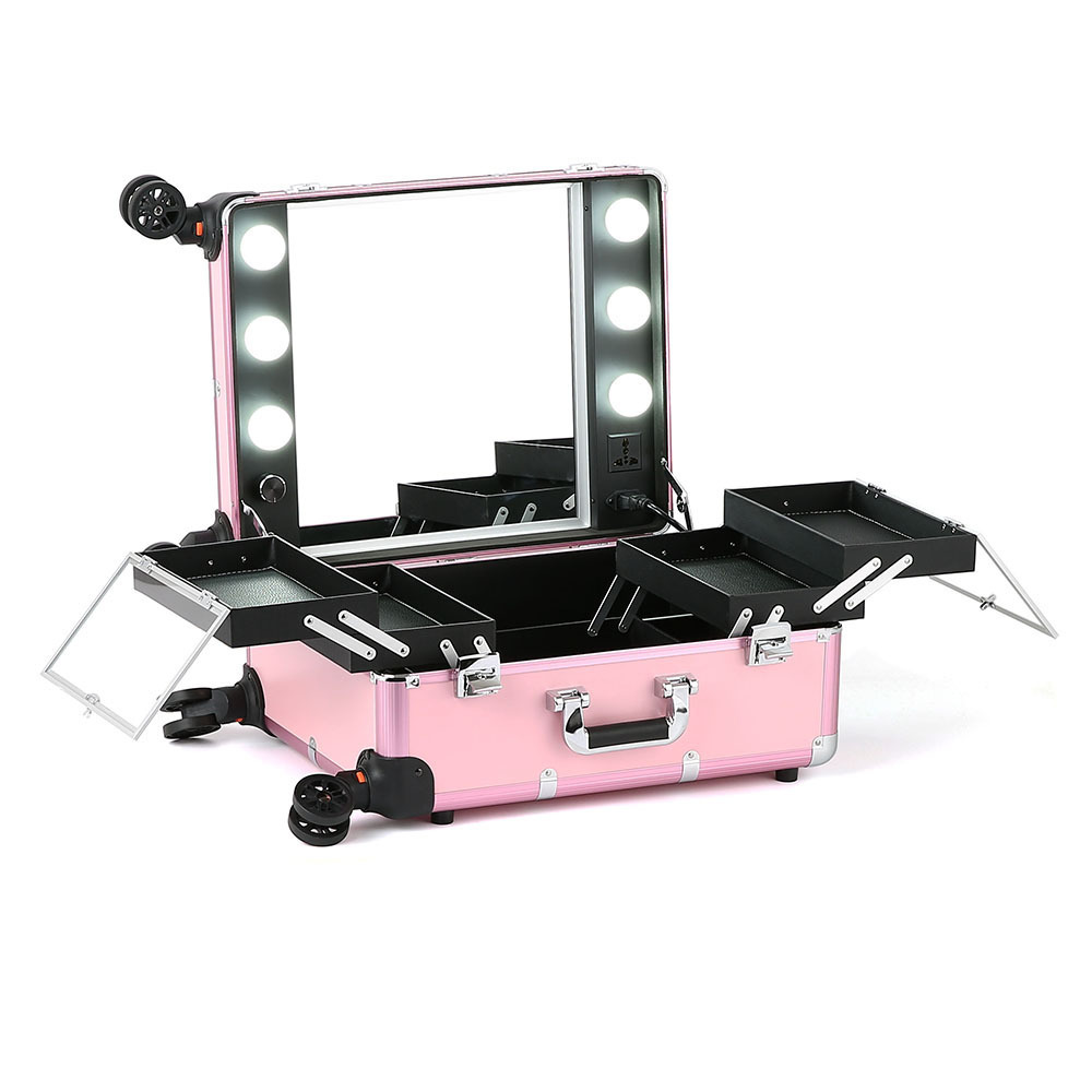 Large professional sunrise salon lighted trolley aluminum cosmetic makeup mobile station case with bulbs light 4 legs stand