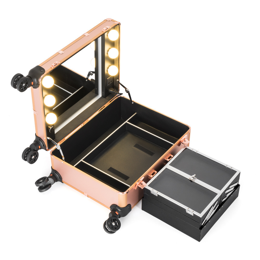 China factory Professional trolley rolling lighted cosmetics display makeup artist vanity train case with led