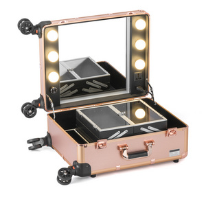 China factory Professional trolley rolling lighted cosmetics display makeup artist vanity train case with led