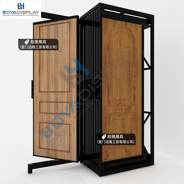 Customized Commercial Rotating Sectional Door Display Mental Modern Sliding Wooden Door Display Rack Stand