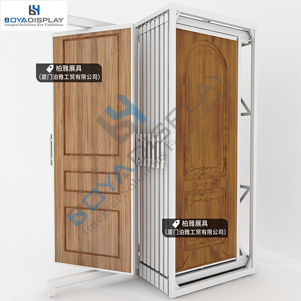 Customized Commercial Rotating Sectional Door Display Mental Modern Sliding Wooden Door Display Rack Stand