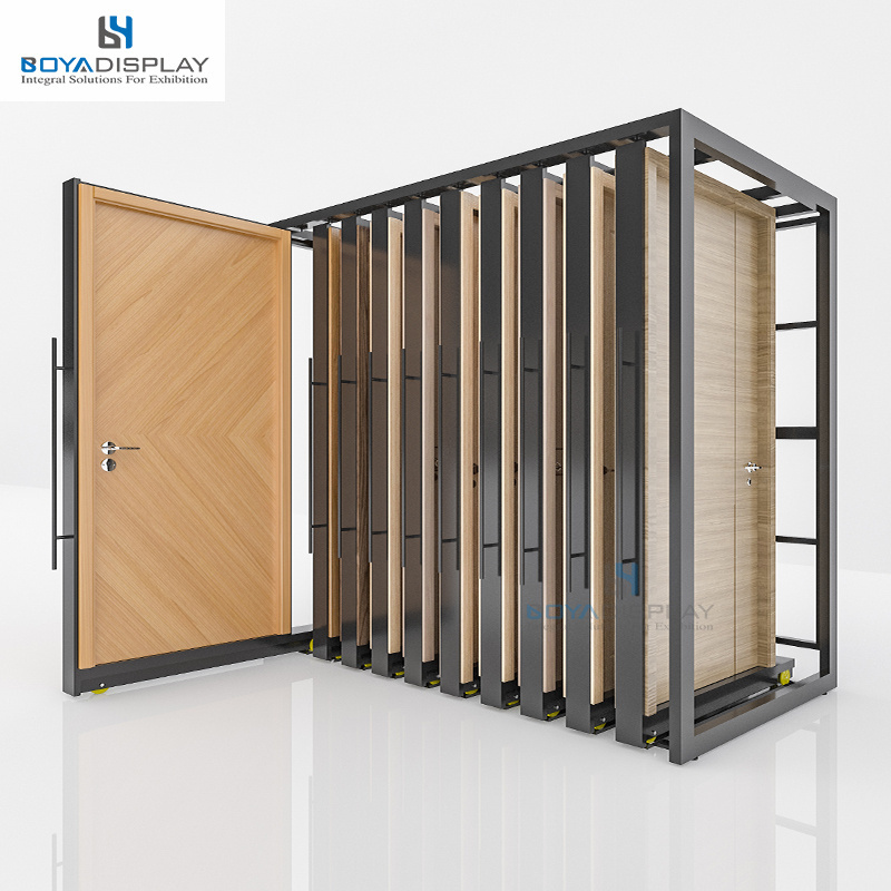 Customize Professional Modern Style Sliding Sample Windows Stands Sliding Single Wooden Door Display Rack In Showroom