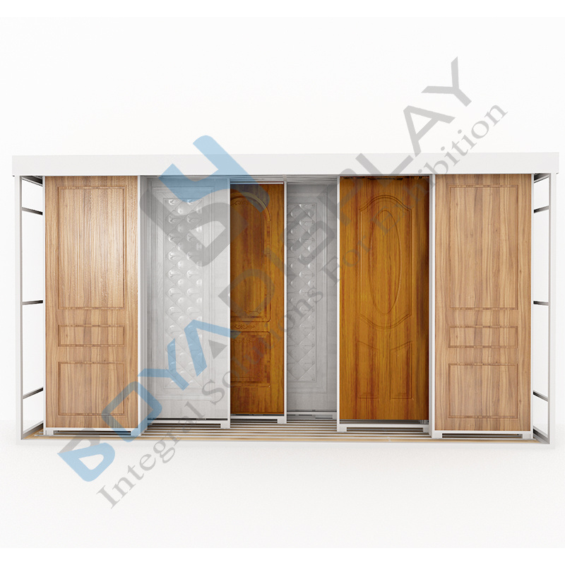 Customized Wood Door Rack Sliding Display Stand Rack Security Door Sample Window Display Rack For Showroom Display System