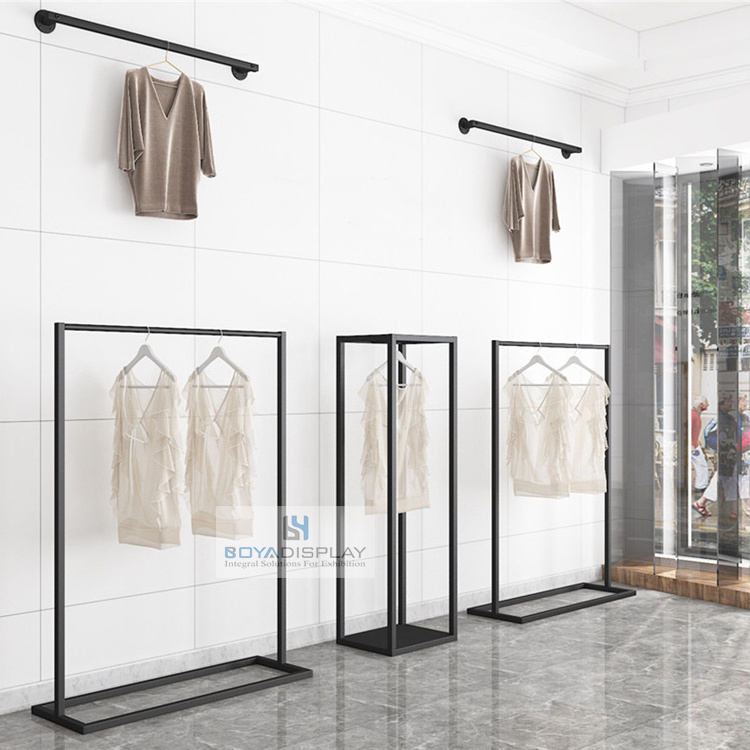 Retail Clothes Shops Mounted Garment Stand With Wood Shelf Garment Display Rack Clothing Garment Rack