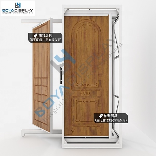 Customized Commercial Rotating Sectional Door Display Mental Modern Sliding Wooden Door Display Rack Stand