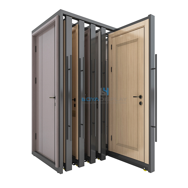 Customize Professional Modern Style Sliding Sample Windows Stands Sliding Single Wooden Door Display Rack In Showroom