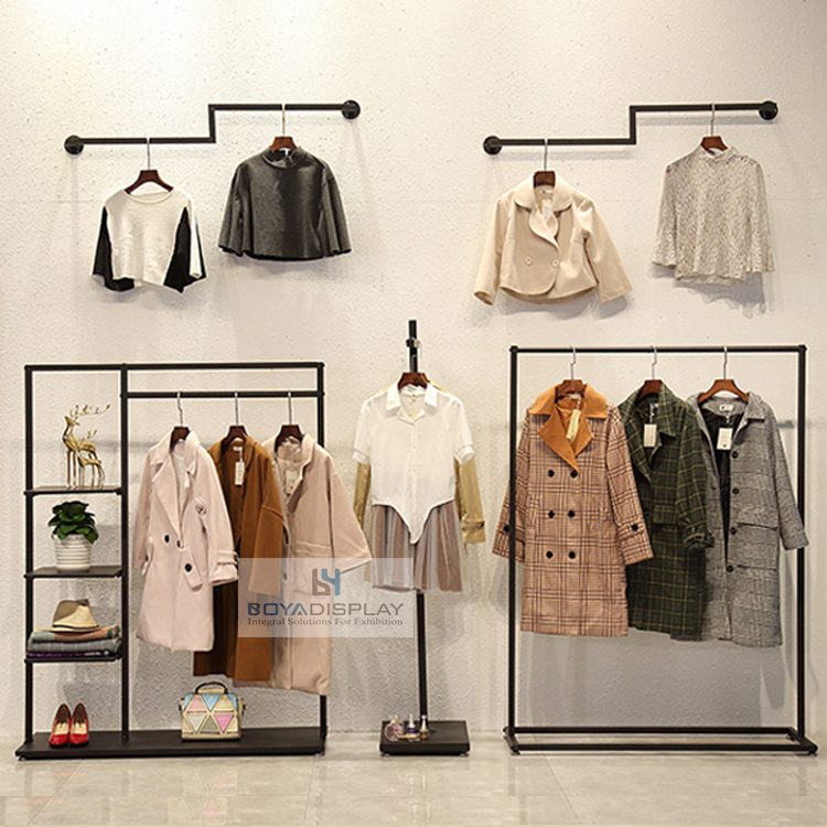 Retail Clothes Shops Mounted Garment Stand With Wood Shelf Garment Display Rack Clothing Garment Rack