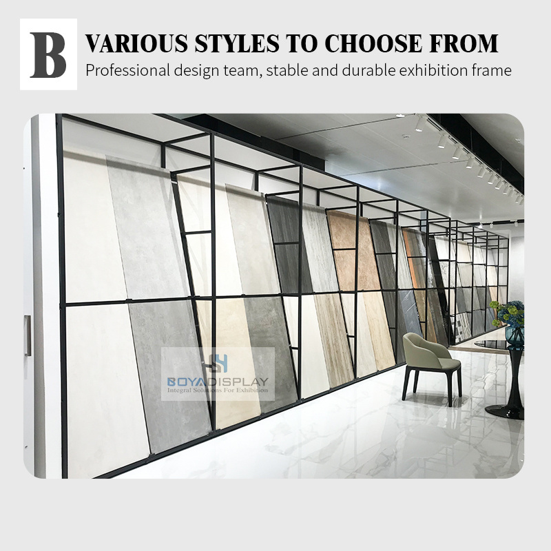 2023 New hot sale showroom stone quartz display rack marble wood flooring sample wall mounted ceramic tile display stand rack