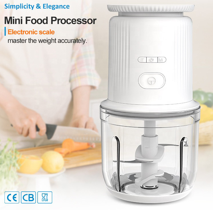 600ML Glass Bowl Rechargeable Stainless Steel Blades Blender Electric Portable Food Processor Chopper with Electronic Scale