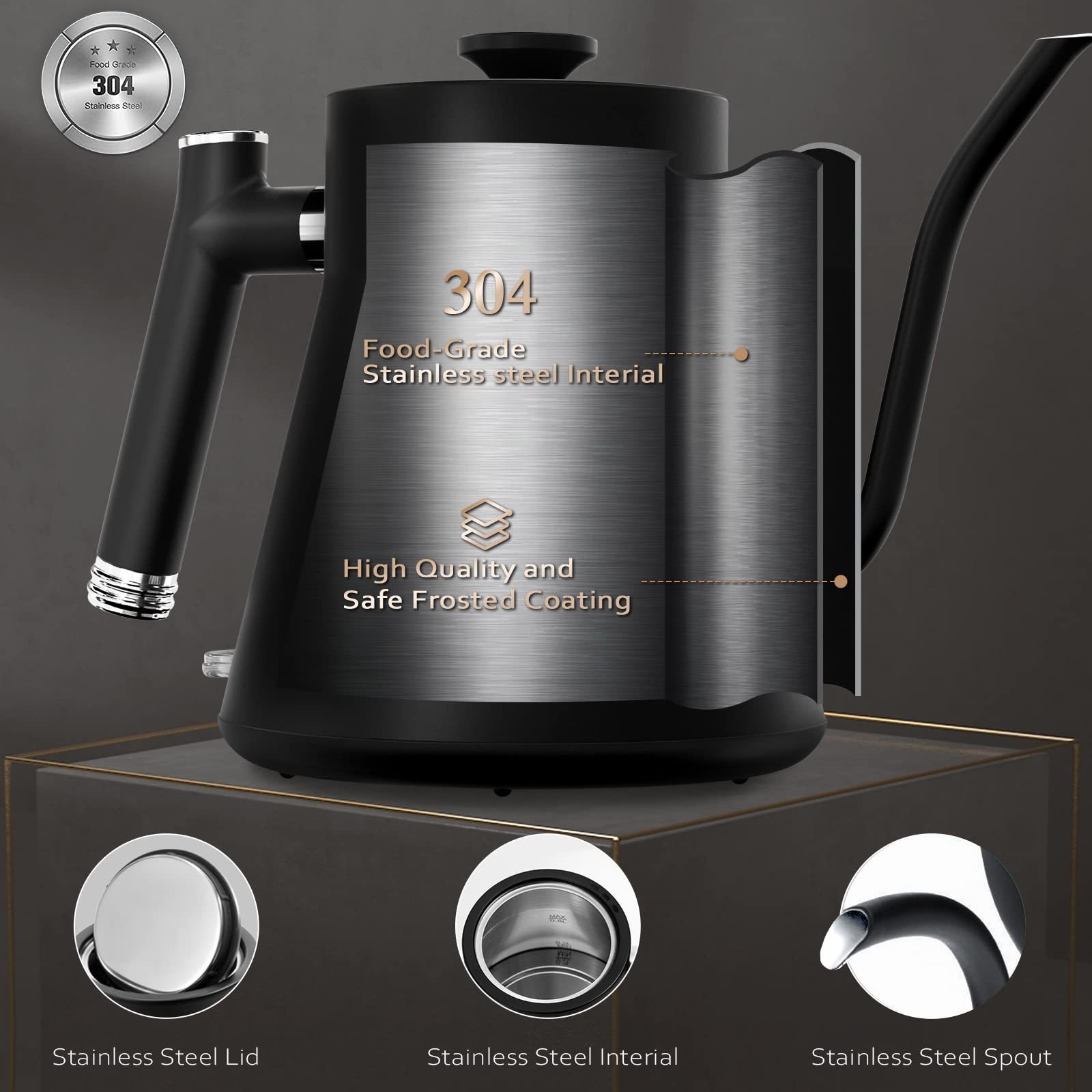 0.8L Matte Black 1200W Rapid Heating brewing tea kettle Gooseneck Electric Kettle Pour Over Coffee and Tea Kettle