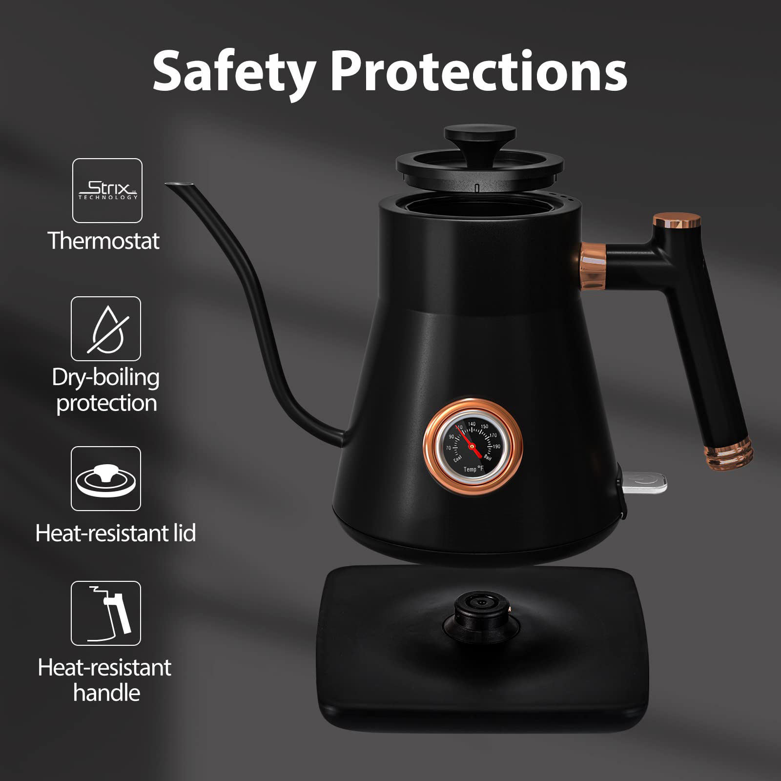 Black matte elegant electric pour over tea coffee kettle electric thermometer gooseneck kettle