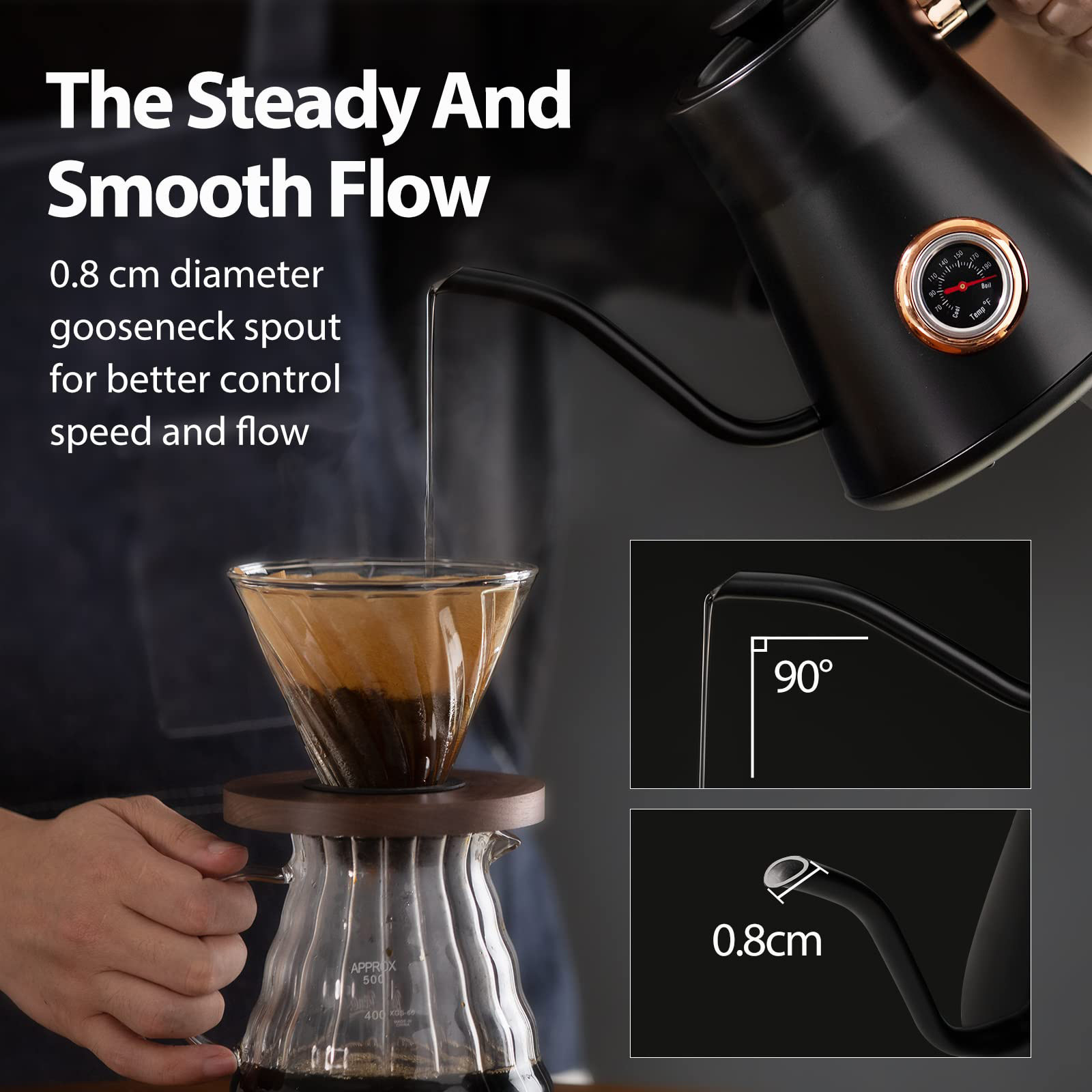 Black matte elegant electric pour over tea coffee kettle electric thermometer gooseneck kettle