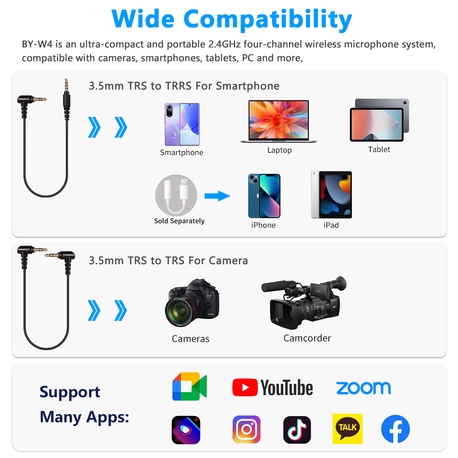 BOYA BY-W4 4 Channel Wireless Lavalier Lapel Microphone system (one for four wireless microphones) for iPhone Camera Recording