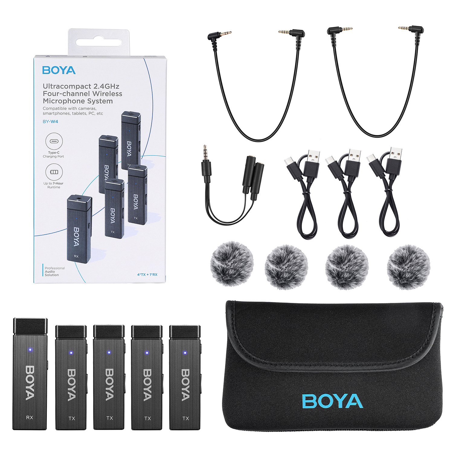 BOYA BY-W4 4 Channel Wireless Lavalier Lapel Microphone system (one for four wireless microphones) for iPhone Camera Recording