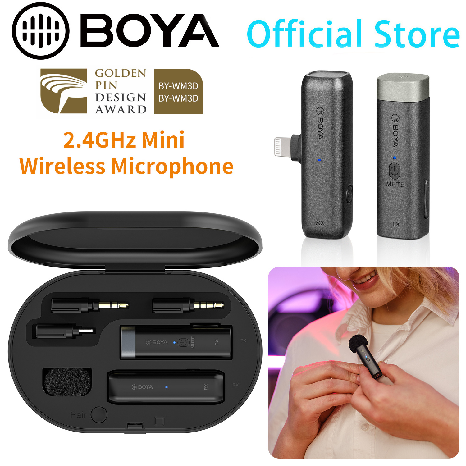 BOYA BY-WM3D 2.4G Universal Wireless Lavalier Microphone Mic System with Transmitter and Receiver for Smartphone iPhone Android