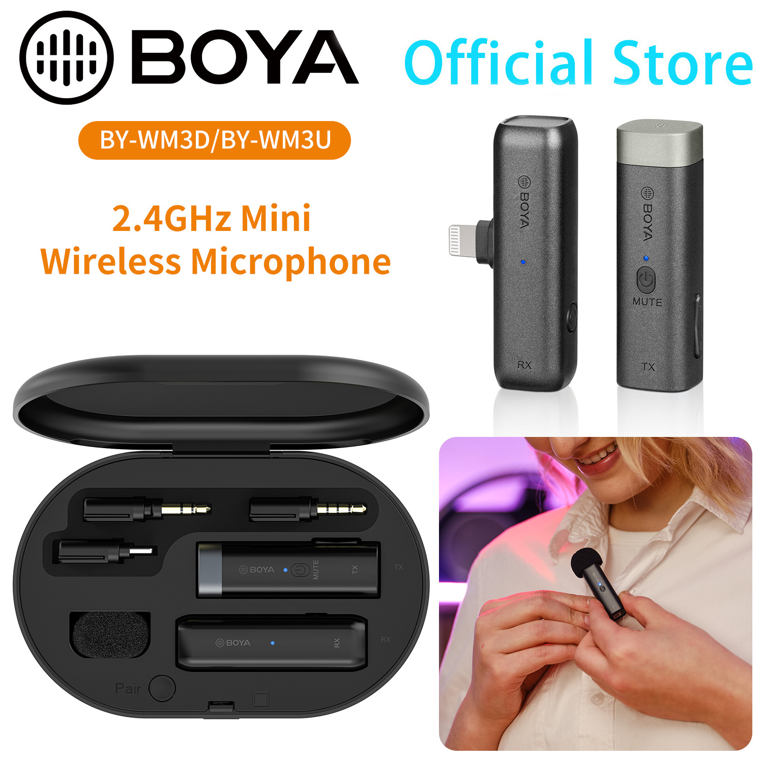 BOYA BY-WM3D 2.4G Universal Wireless Lavalier Microphone Mic System with Transmitter and Receiver for Smartphone iPhone Android