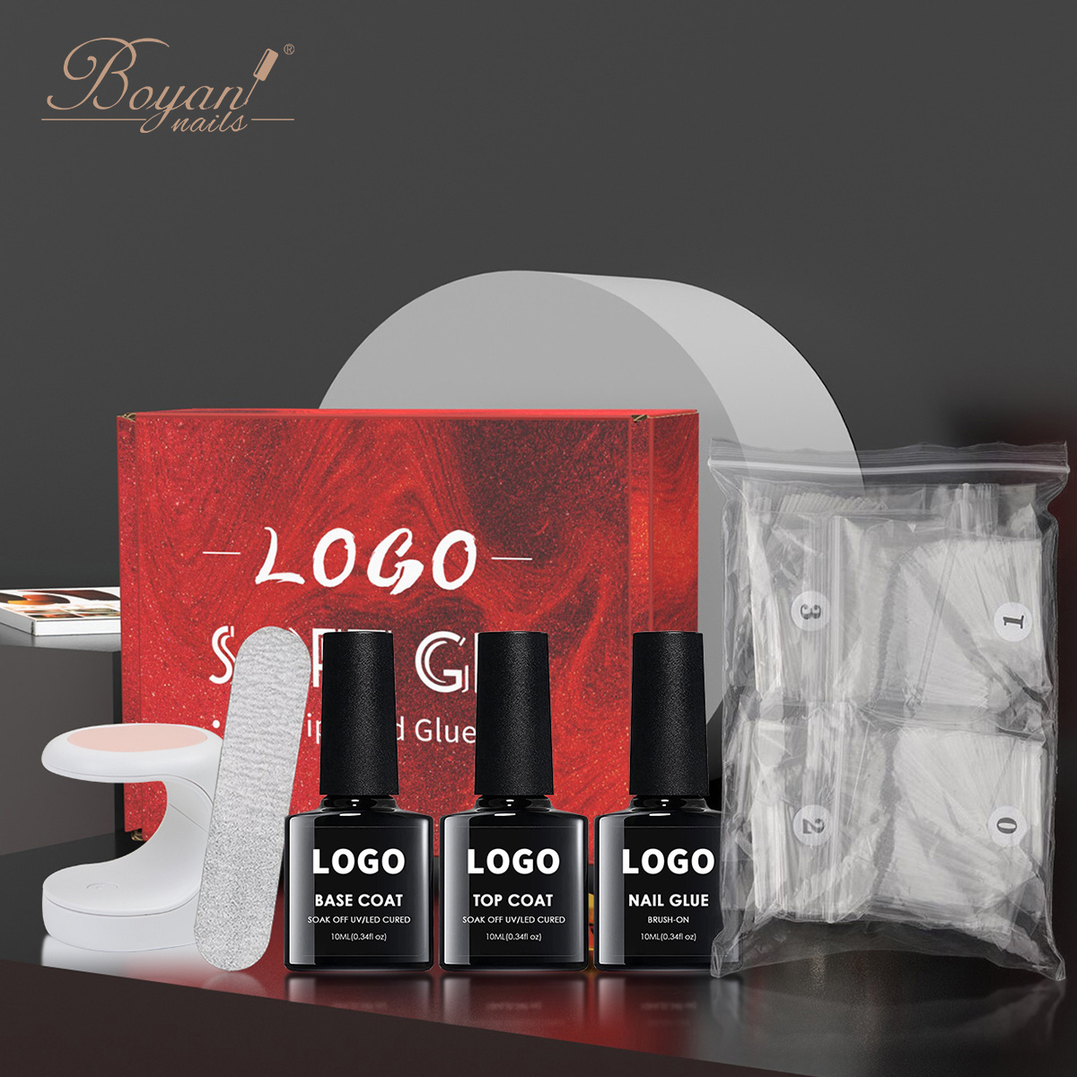 Red Box Gel Nail Polish Kit Nail Glue Soak off Glitter Gel Nail Kit with Glossy Matte Top Coat