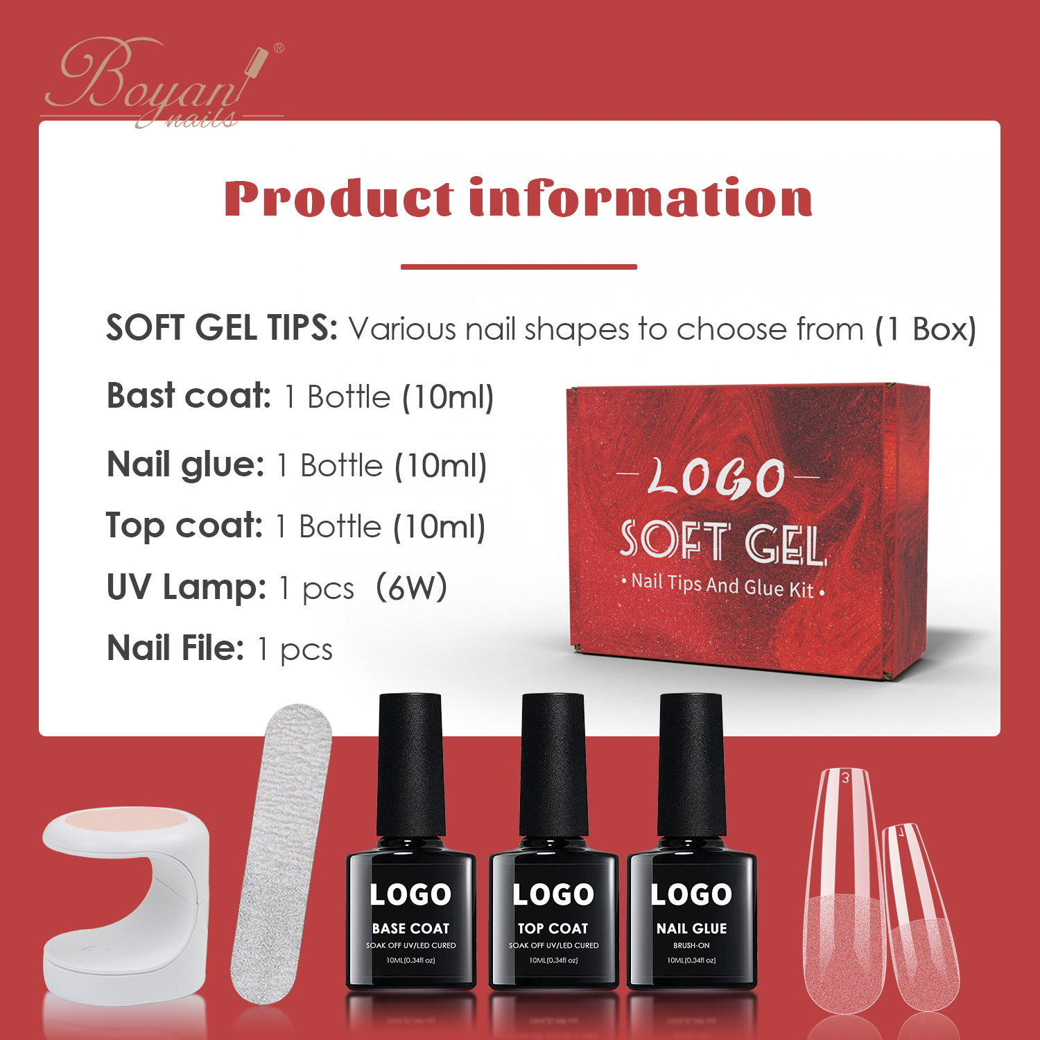 Red Box Gel Nail Polish Kit Nail Glue Soak off Glitter Gel Nail Kit with Glossy Matte Top Coat