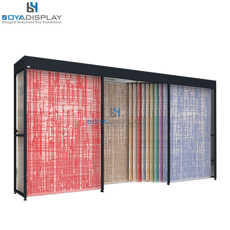 Customized Logo Size High Quality Metal Material Push Pull Siding Hanging Fabric Rug Carpet Display Rack Stand