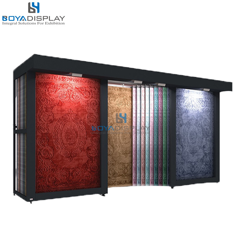 Customized Logo Size High Quality Metal Material Push Pull Siding Hanging Fabric Rug Carpet Display Rack Stand