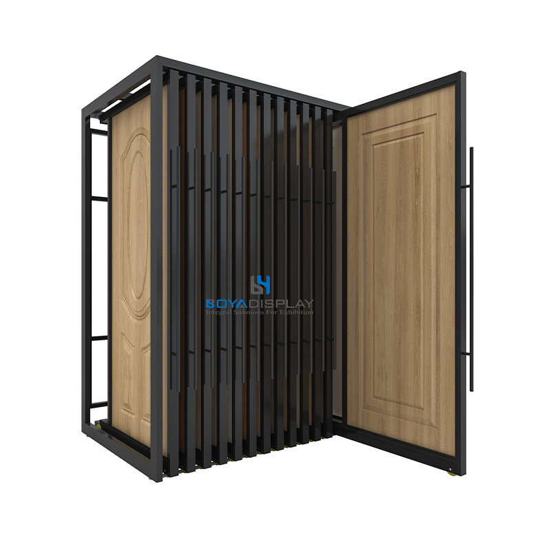 Boya Manufacturer Customized Push Pull Metal Rails Sliding Mat Wooden Door Display Stand Rack For Showroom