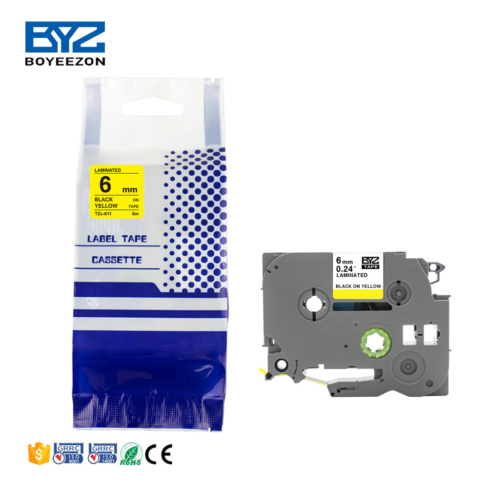 High Quality tze-611 tz611 tzc-611 tz 611 ribbon cartridge 6mm Black on Yellow blank cassette tapes for Brother Tze-611