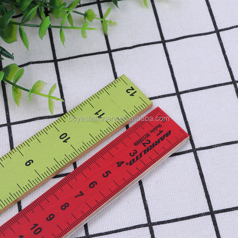 Promotional Colorful Student Math 3mm Thickness 30CM Flexible Straight Wooden Scale Ruler Measurement