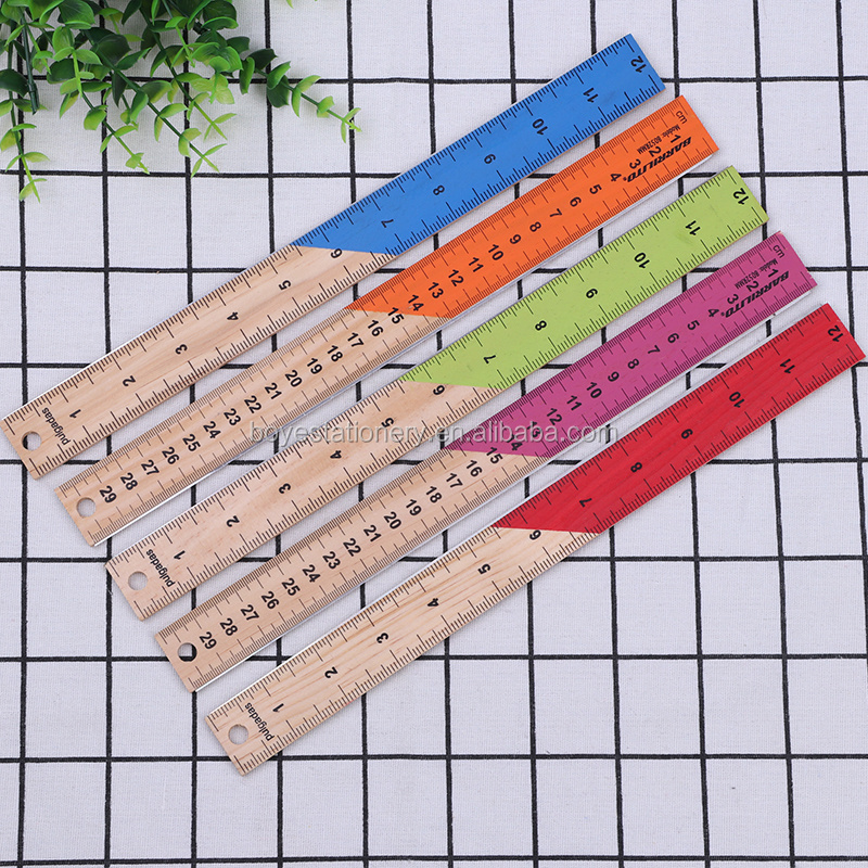 Promotional Colorful Student Math 3mm Thickness 30CM Flexible Straight Wooden Scale Ruler Measurement