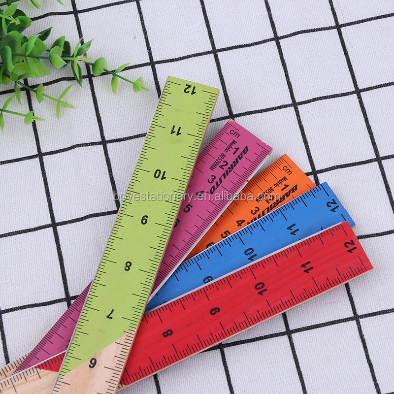 Promotional Colorful Student Math 3mm Thickness 30CM Flexible Straight Wooden Scale Ruler Measurement