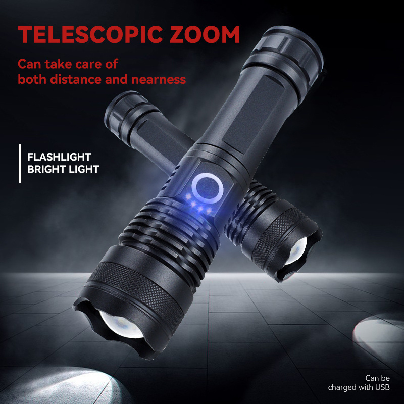 Boyid High Quality Strong Light  Long Range Torch 5 Modes Zoom 18650 Battery USB Rechargeable LED Torch Flashlight