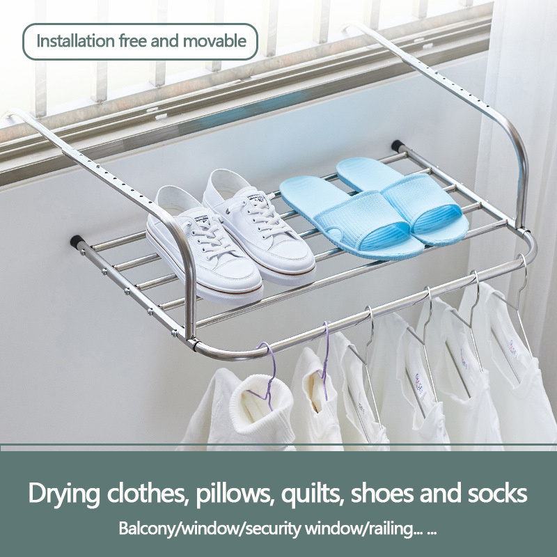 Wholesale Punch Free Stainless Steel Indoor Balcony Mobile Windowsill Telescopic Foldable Magic  Clothes Drying Rack Organizer